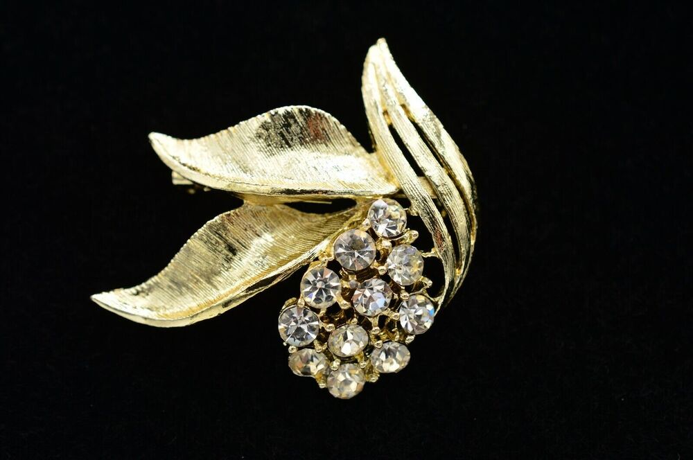 Vintage Rhinestone Crystal Flower Leaf Pin Brooch Brushed Gold Shiny 1980s BinJ